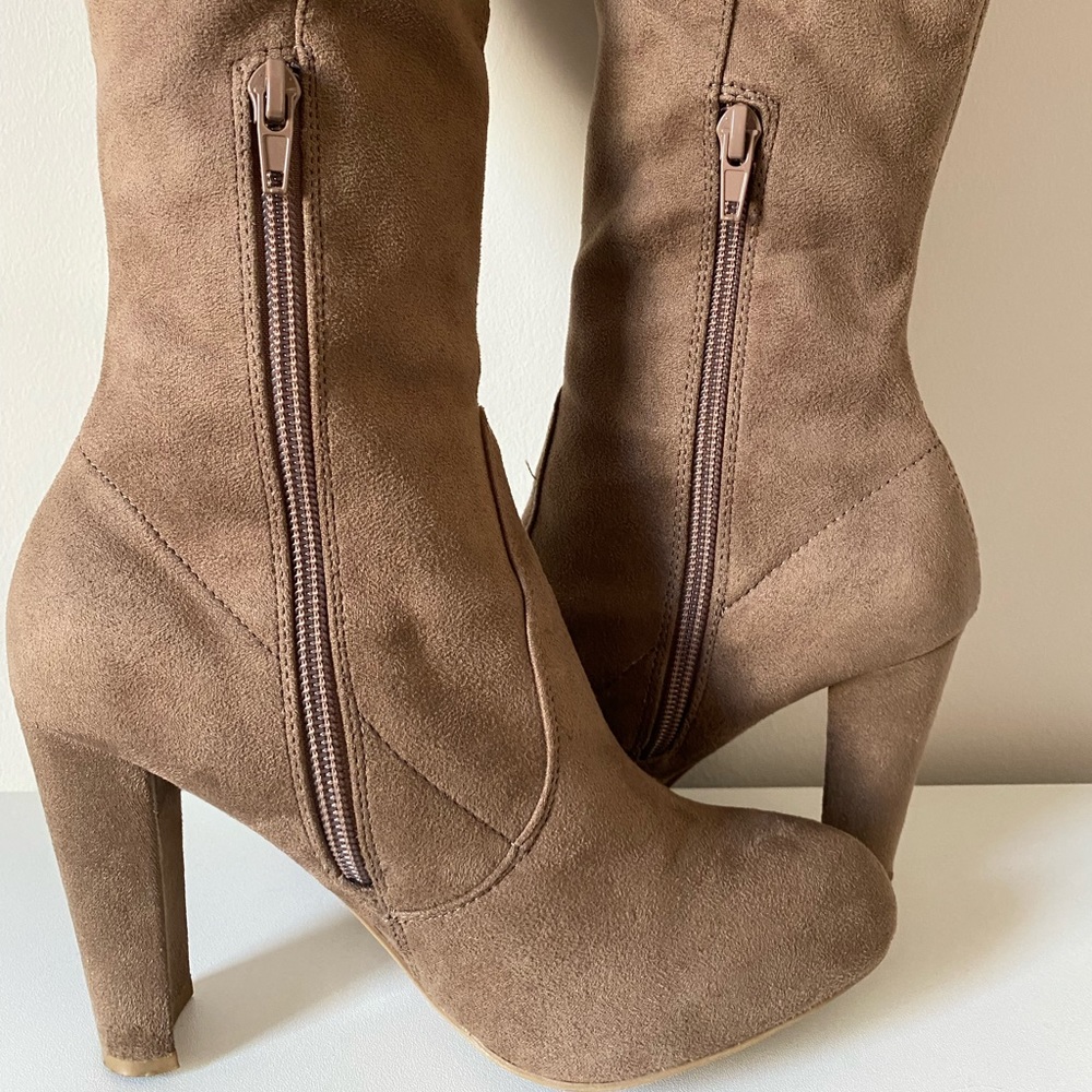 Charlotte Russe Tan Suede Over-the-Knee Heeled Boots - Picture 6 of 8